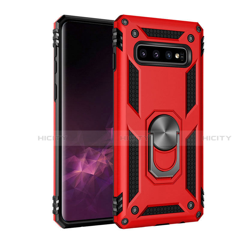 Silikon Hülle Handyhülle und Kunststoff Schutzhülle Tasche mit Magnetisch Ständer für Samsung Galaxy S10 5G Rot Plus