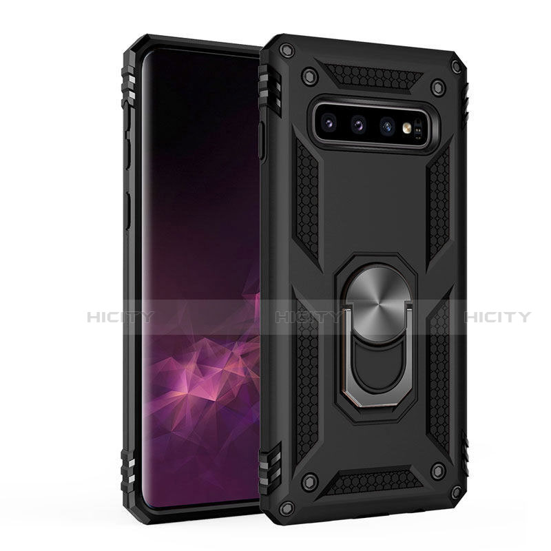 Silikon Hülle Handyhülle und Kunststoff Schutzhülle Tasche mit Magnetisch Ständer für Samsung Galaxy S10 5G Schwarz Plus