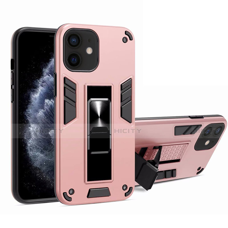 Silikon Hülle Handyhülle und Kunststoff Schutzhülle Tasche mit Magnetisch Ständer H01 für Apple iPhone 12 Mini Rosa