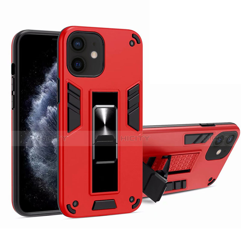 Silikon Hülle Handyhülle und Kunststoff Schutzhülle Tasche mit Magnetisch Ständer H01 für Apple iPhone 12 Mini Rot