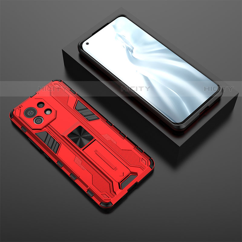 Silikon Hülle Handyhülle und Kunststoff Schutzhülle Tasche mit Magnetisch Ständer H03 für Xiaomi Mi 11 Lite 4G Rot Plus