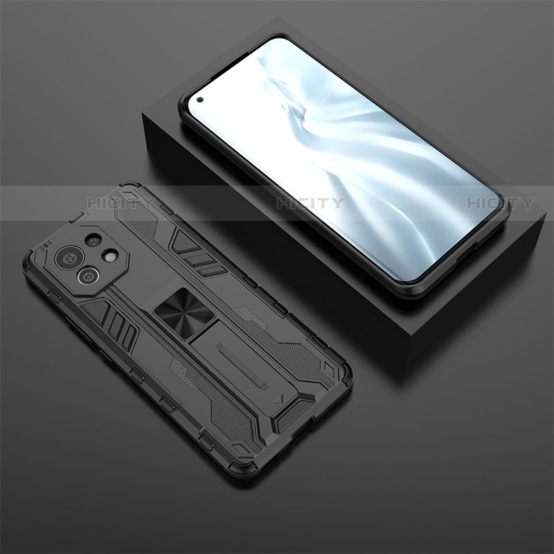 Silikon Hülle Handyhülle und Kunststoff Schutzhülle Tasche mit Magnetisch Ständer H03 für Xiaomi Mi 11 Lite 5G NE Schwarz