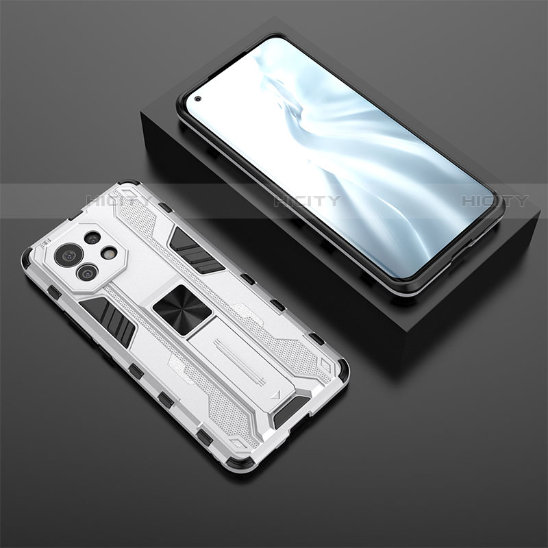 Silikon Hülle Handyhülle und Kunststoff Schutzhülle Tasche mit Magnetisch Ständer H03 für Xiaomi Mi 11 Lite 5G Weiß Plus