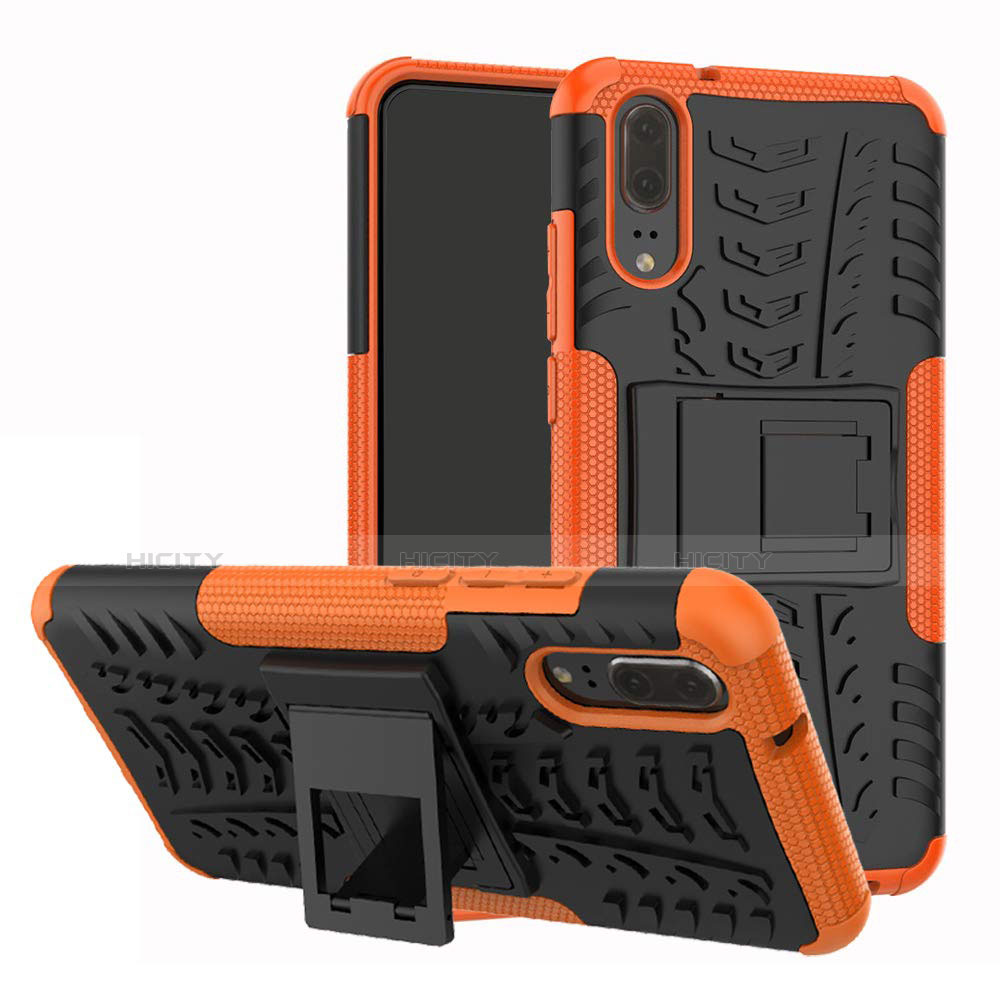 Silikon Hülle Handyhülle und Kunststoff Schutzhülle Tasche mit Ständer A01 für Huawei P20 Orange