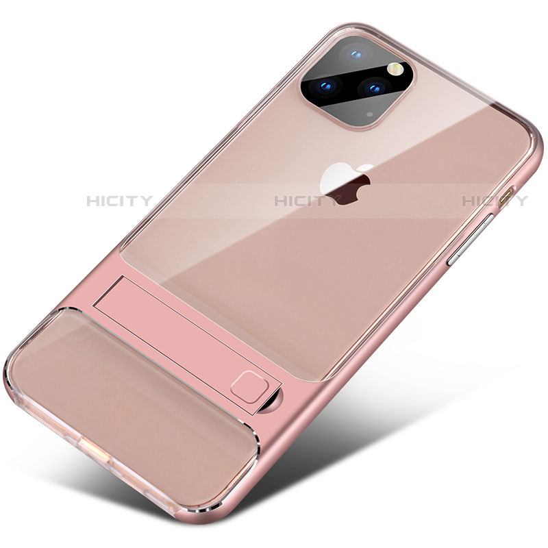 Silikon Hülle Handyhülle und Kunststoff Schutzhülle Tasche mit Ständer A02 für Apple iPhone 11 Pro Max Rosegold