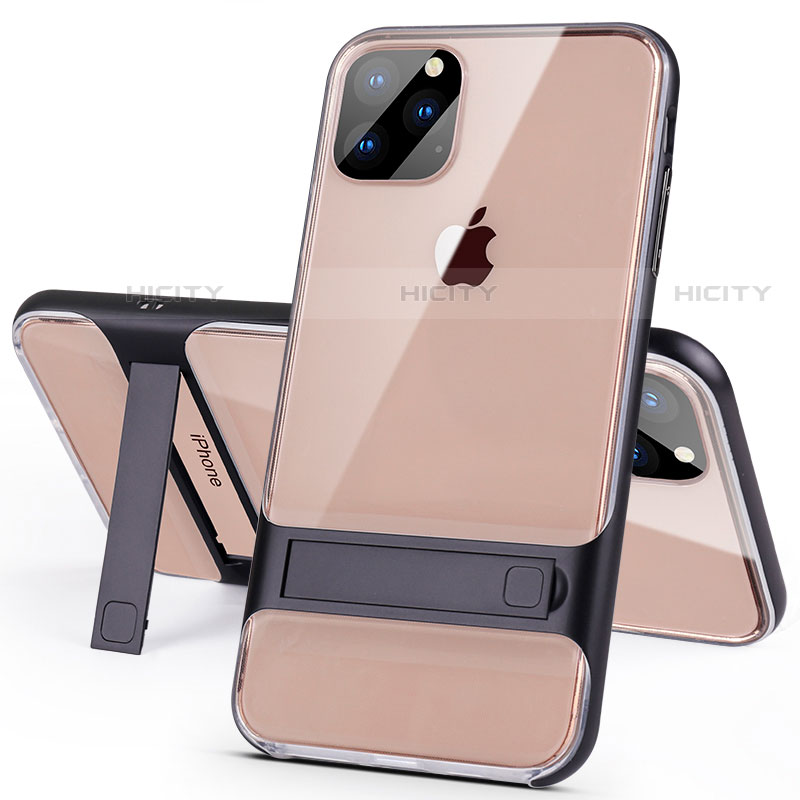 Silikon Hülle Handyhülle und Kunststoff Schutzhülle Tasche mit Ständer A02 für Apple iPhone 11 Pro Max Schwarz Plus