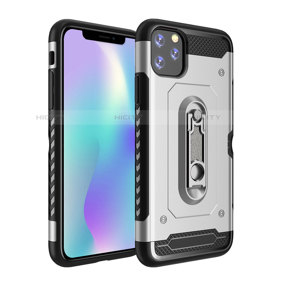 Silikon Hülle Handyhülle und Kunststoff Schutzhülle Tasche mit Ständer A03 für Apple iPhone 11 Pro Silber