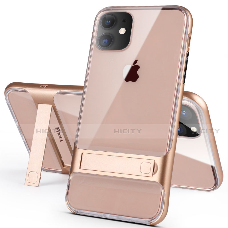 Silikon Hülle Handyhülle und Kunststoff Schutzhülle Tasche mit Ständer A06 für Apple iPhone 11 Gold Plus