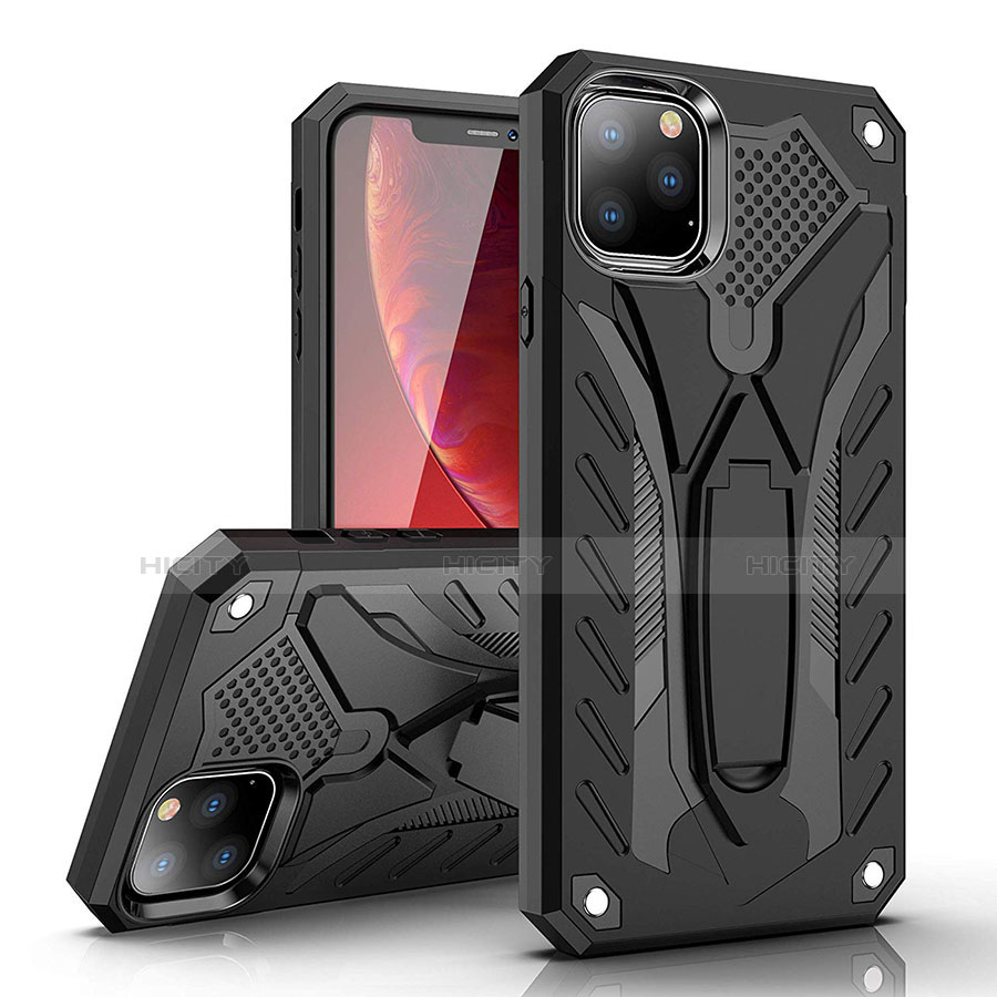 Silikon Hülle Handyhülle und Kunststoff Schutzhülle Tasche mit Ständer für Apple iPhone 11 Pro Max Schwarz