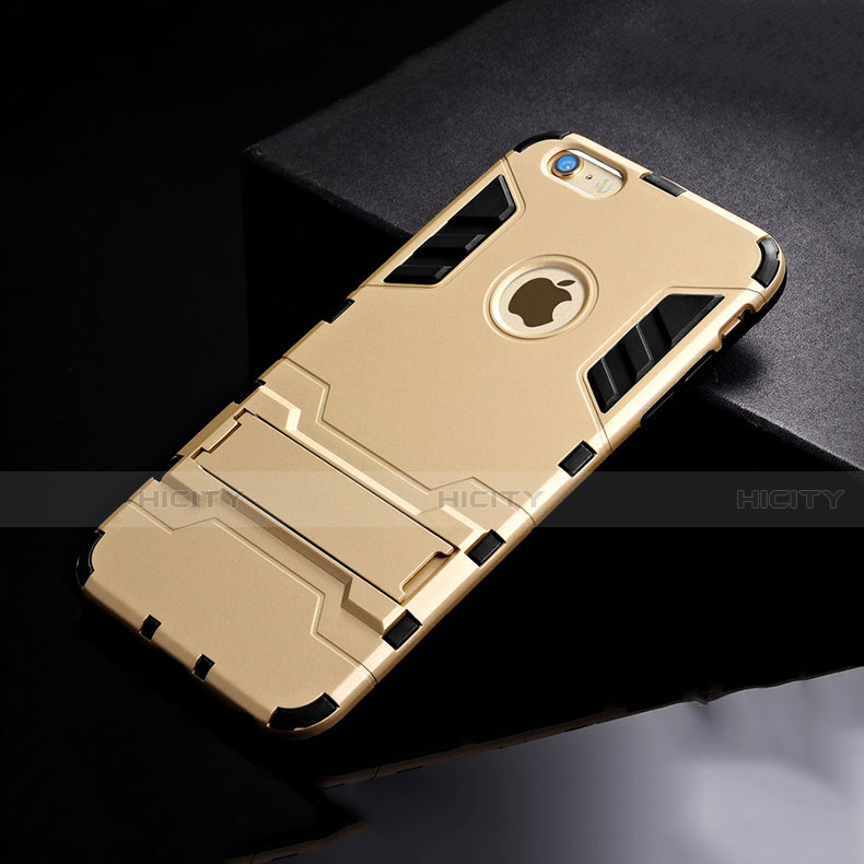 Silikon Hülle Handyhülle und Kunststoff Schutzhülle Tasche mit Ständer für Apple iPhone 6 Gold Plus