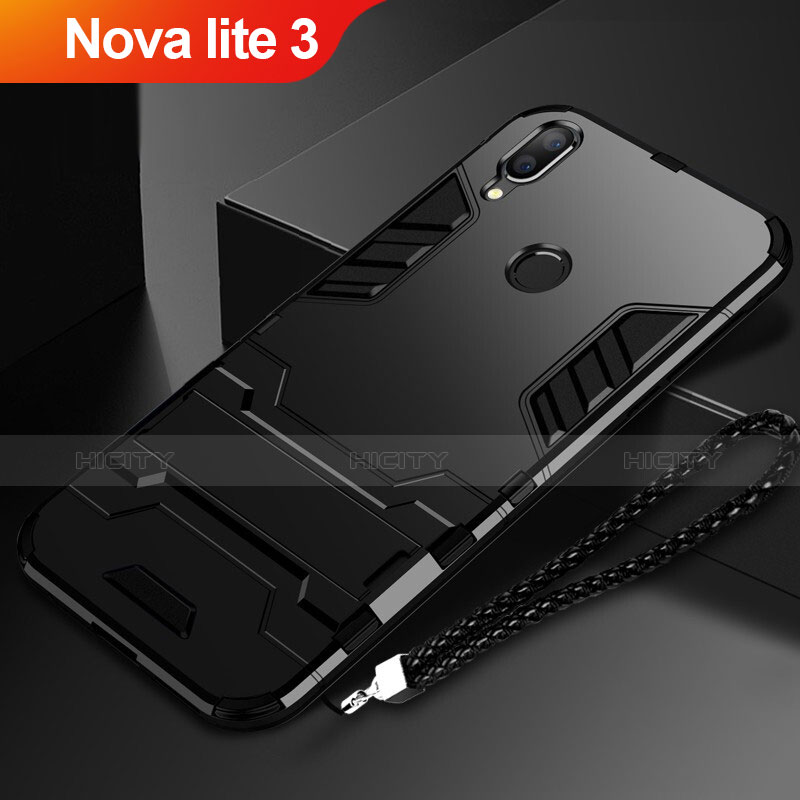 Silikon Hülle Handyhülle und Kunststoff Schutzhülle Tasche mit Ständer für Huawei Nova Lite 3 Schwarz