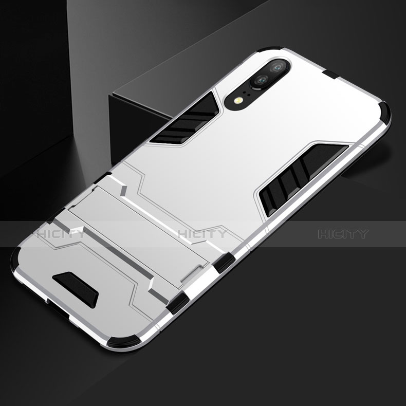 Silikon Hülle Handyhülle und Kunststoff Schutzhülle Tasche mit Ständer für Huawei P20 Weiß