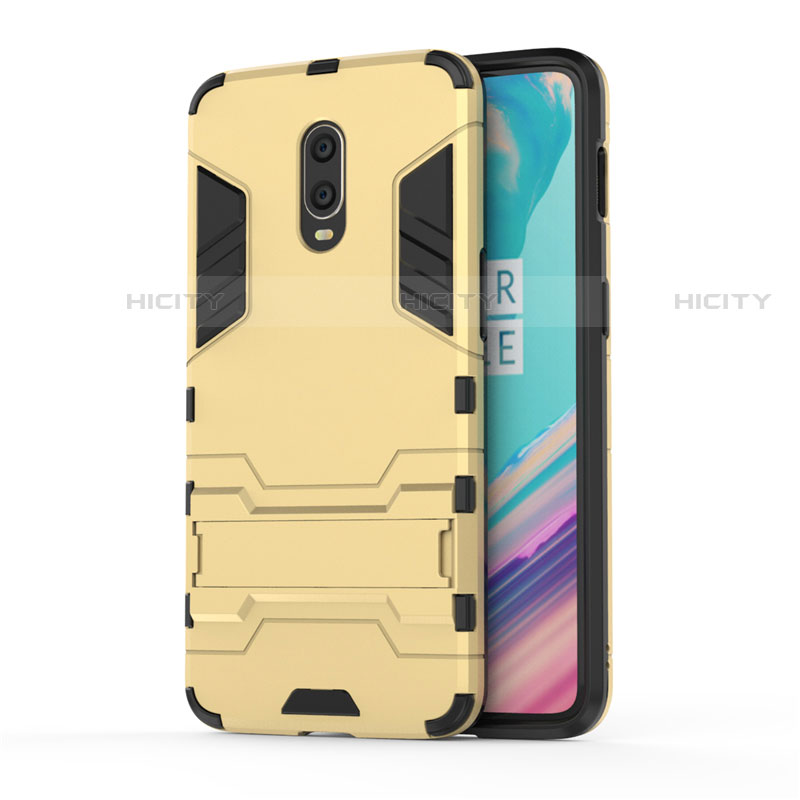 Silikon Hülle Handyhülle und Kunststoff Schutzhülle Tasche mit Ständer für OnePlus 7 Gold