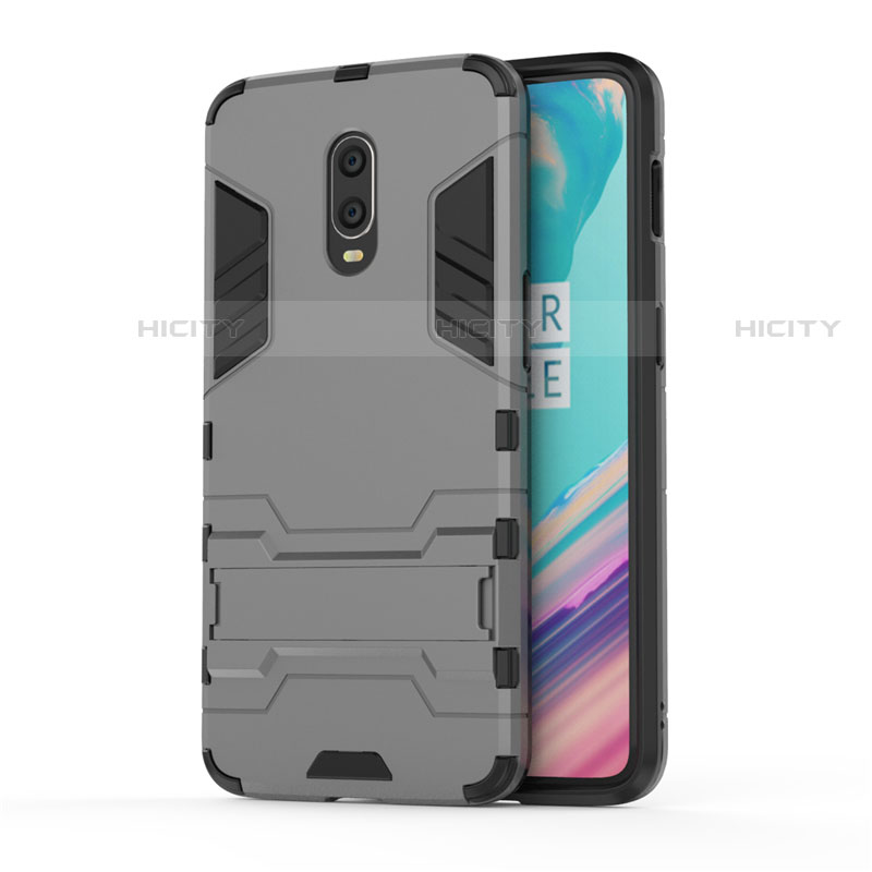 Silikon Hülle Handyhülle und Kunststoff Schutzhülle Tasche mit Ständer für OnePlus 7 Grau