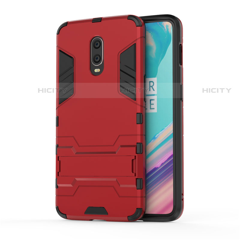 Silikon Hülle Handyhülle und Kunststoff Schutzhülle Tasche mit Ständer für OnePlus 7 Rot