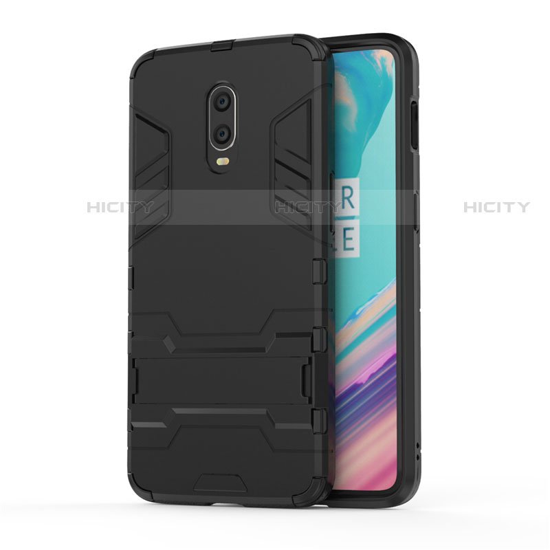 Silikon Hülle Handyhülle und Kunststoff Schutzhülle Tasche mit Ständer für OnePlus 7 Schwarz