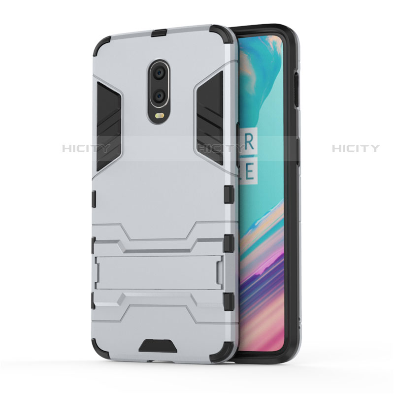 Silikon Hülle Handyhülle und Kunststoff Schutzhülle Tasche mit Ständer für OnePlus 7 Silber