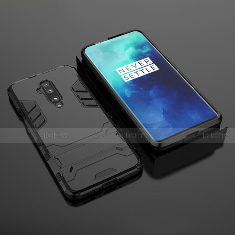 Silikon Hülle Handyhülle und Kunststoff Schutzhülle Tasche mit Ständer für OnePlus 7T Pro 5G Schwarz