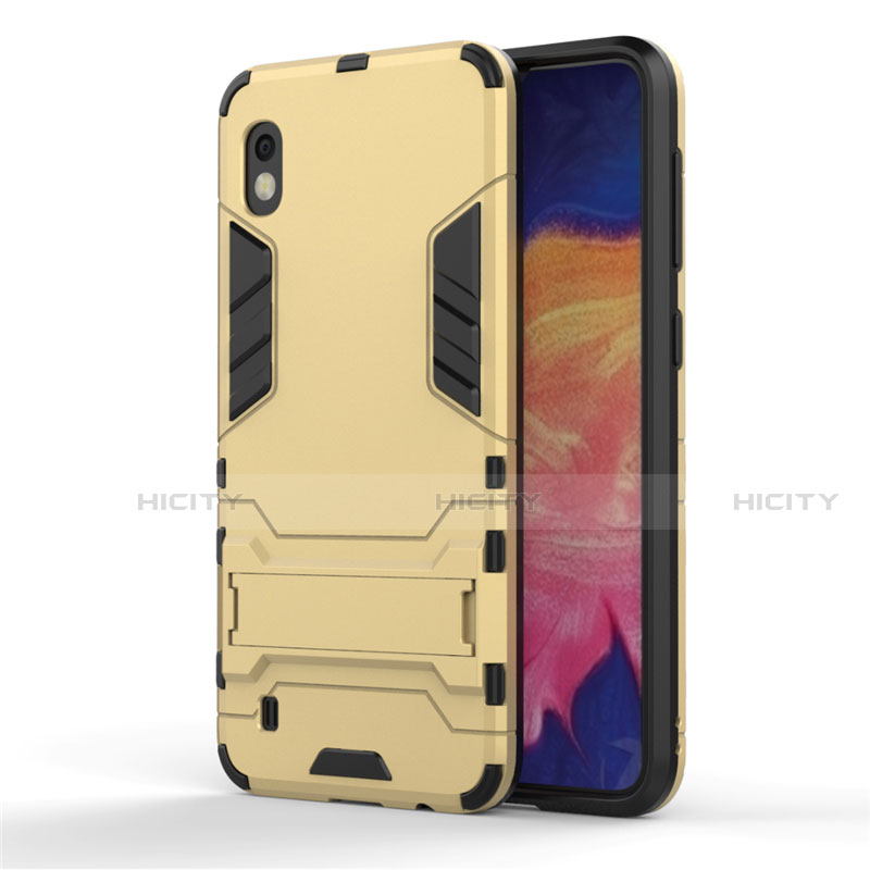 Silikon Hülle Handyhülle und Kunststoff Schutzhülle Tasche mit Ständer für Samsung Galaxy A10 Gold