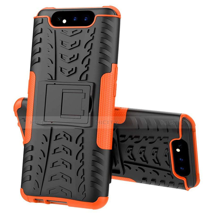 Silikon Hülle Handyhülle und Kunststoff Schutzhülle Tasche mit Ständer für Samsung Galaxy A90 4G Orange