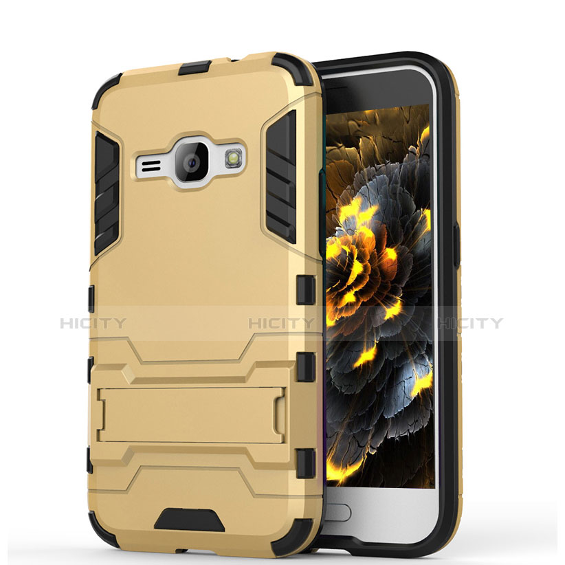 Silikon Hülle Handyhülle und Kunststoff Schutzhülle Tasche mit Ständer für Samsung Galaxy J1 (2016) J120F Gold Plus