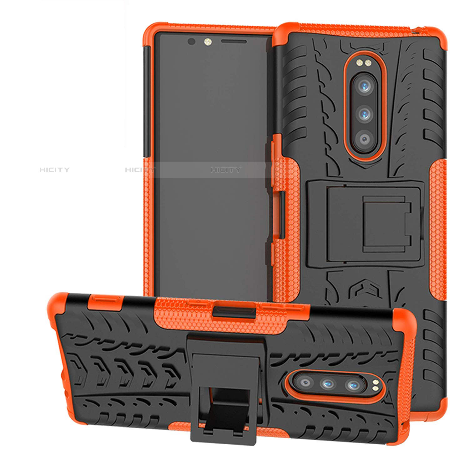 Silikon Hülle Handyhülle und Kunststoff Schutzhülle Tasche mit Ständer für Sony Xperia 1 Orange Plus