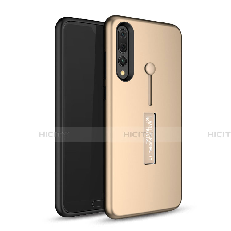 Silikon Hülle Handyhülle und Kunststoff Schutzhülle Tasche mit Ständer P01 für Huawei P20 Pro Gold