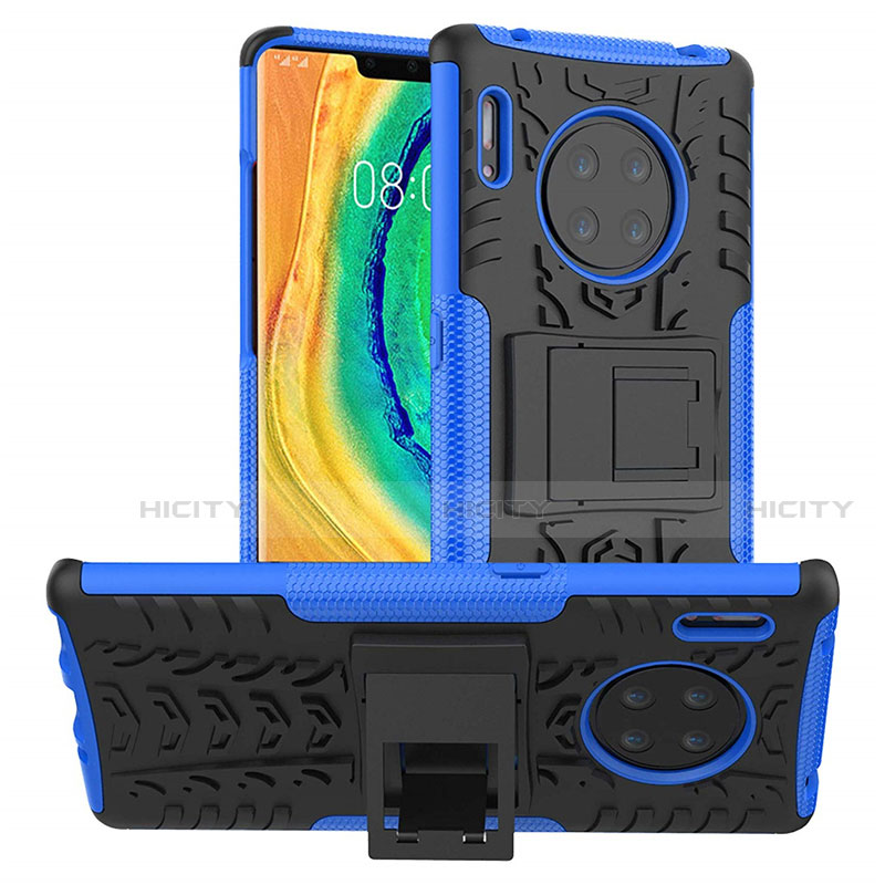 Silikon Hülle Handyhülle und Kunststoff Schutzhülle Tasche mit Ständer R01 für Huawei Mate 30 5G Blau