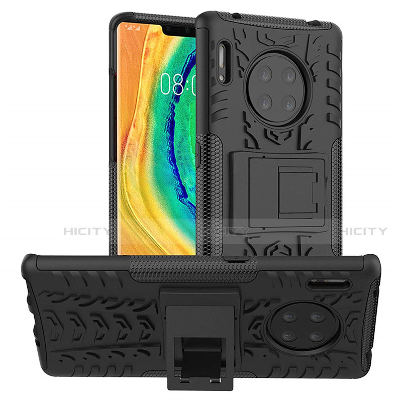 Silikon Hülle Handyhülle und Kunststoff Schutzhülle Tasche mit Ständer R01 für Huawei Mate 30 Pro Schwarz