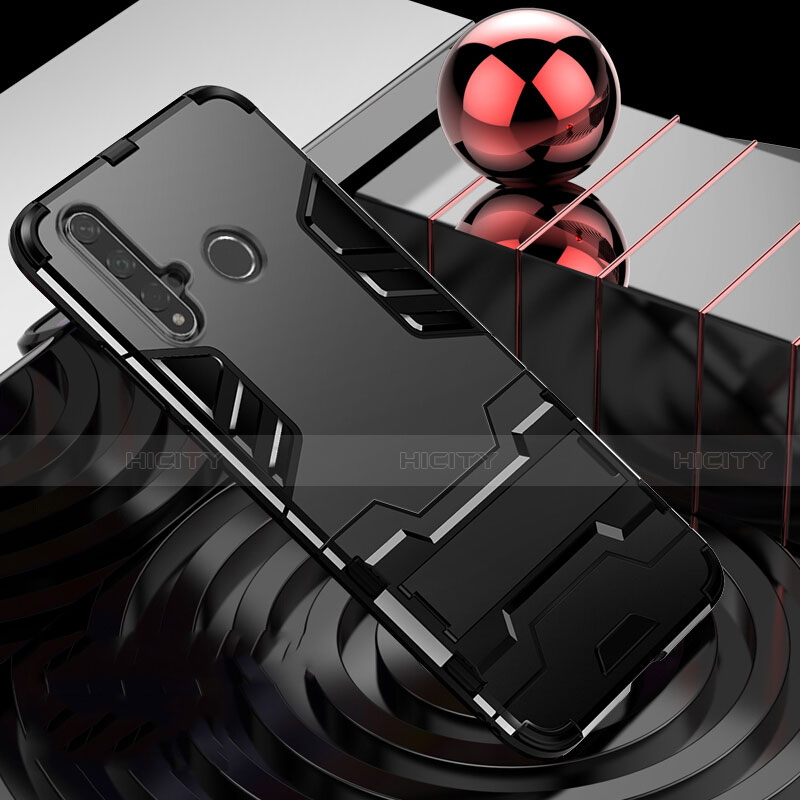 Silikon Hülle Handyhülle und Kunststoff Schutzhülle Tasche mit Ständer R01 für Huawei P20 Lite (2019) Schwarz