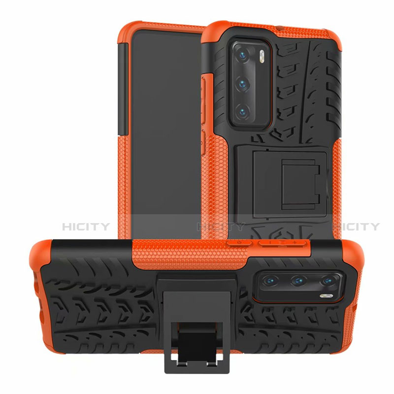 Silikon Hülle Handyhülle und Kunststoff Schutzhülle Tasche mit Ständer R01 für Huawei P40 Orange