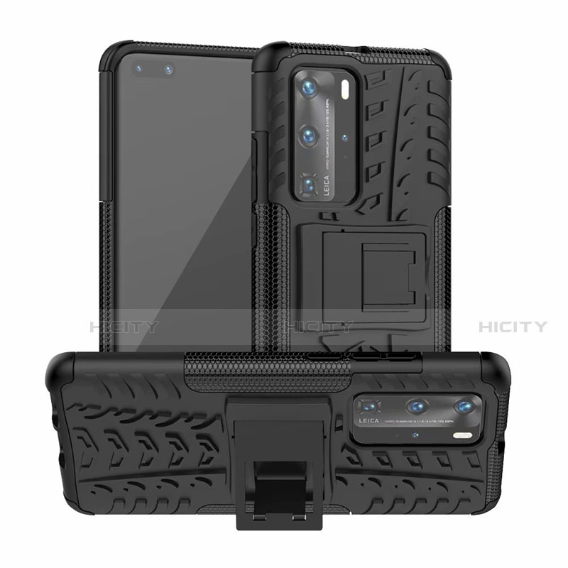 Silikon Hülle Handyhülle und Kunststoff Schutzhülle Tasche mit Ständer R01 für Huawei P40 Pro Schwarz