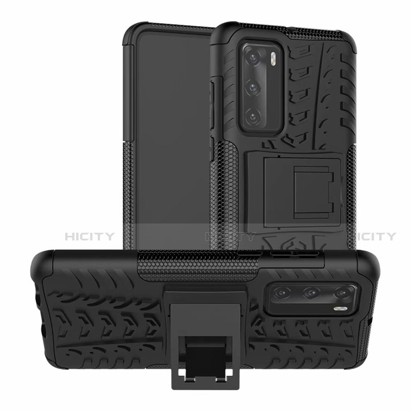 Silikon Hülle Handyhülle und Kunststoff Schutzhülle Tasche mit Ständer R01 für Huawei P40 Schwarz