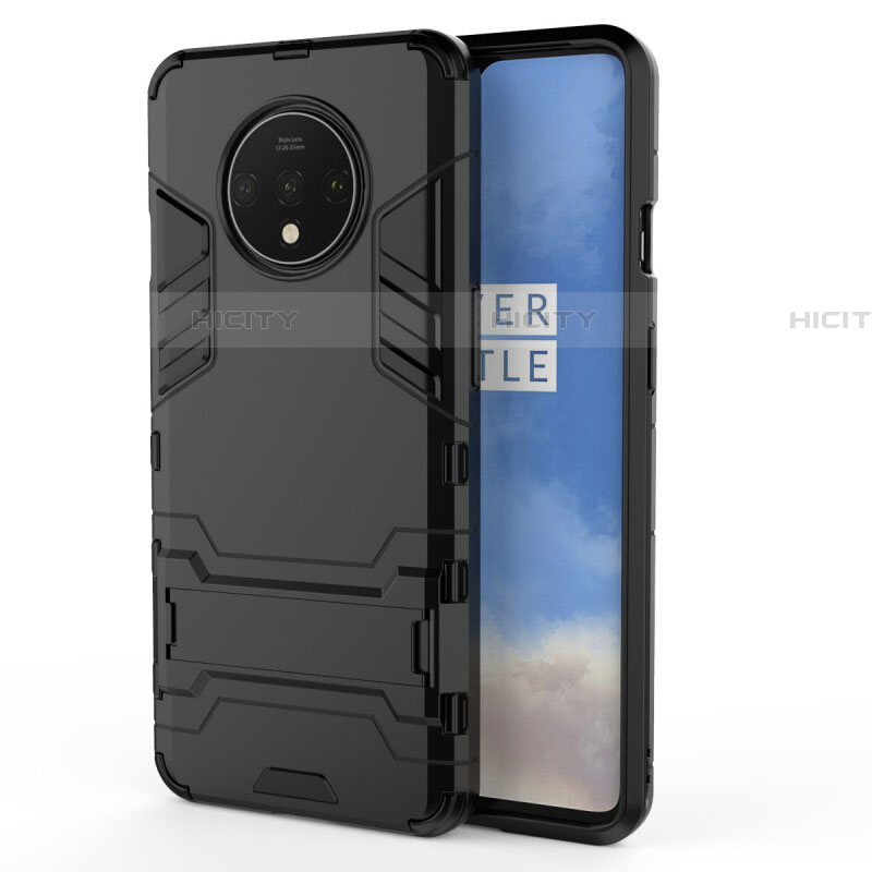 Silikon Hülle Handyhülle und Kunststoff Schutzhülle Tasche mit Ständer R01 für OnePlus 7T Schwarz Plus