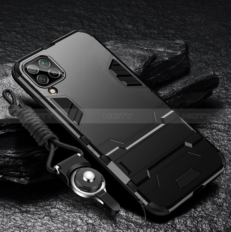 Silikon Hülle Handyhülle und Kunststoff Schutzhülle Tasche mit Ständer R01 für Samsung Galaxy F12 Schwarz Plus