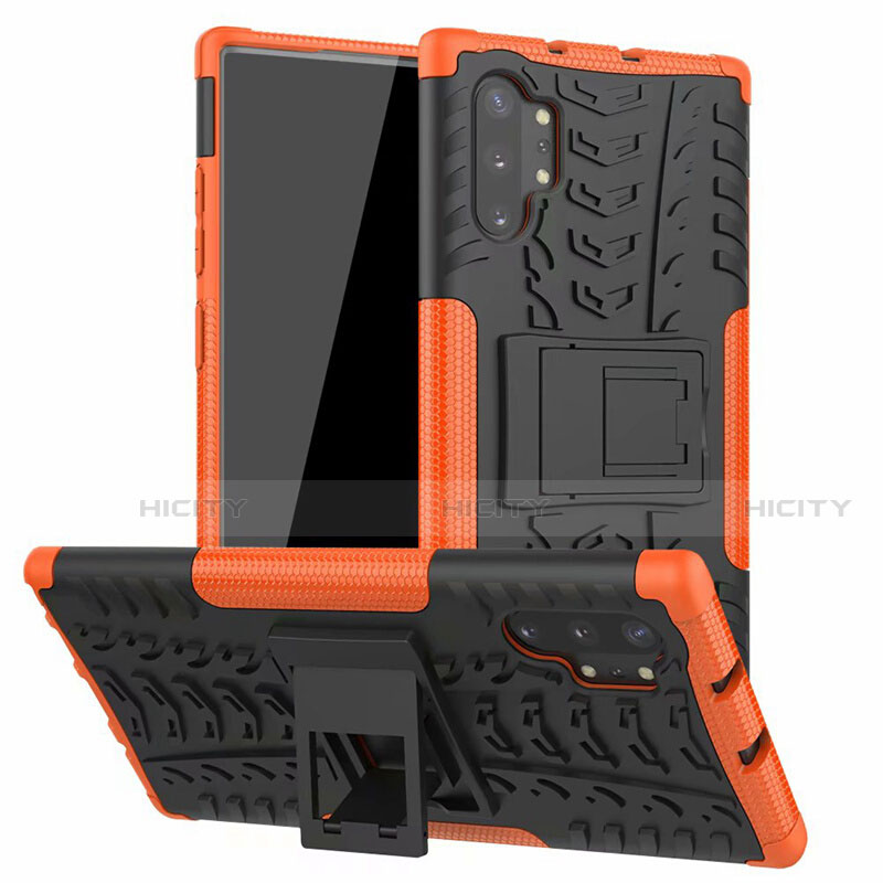 Silikon Hülle Handyhülle und Kunststoff Schutzhülle Tasche mit Ständer R01 für Samsung Galaxy Note 10 Plus 5G Orange