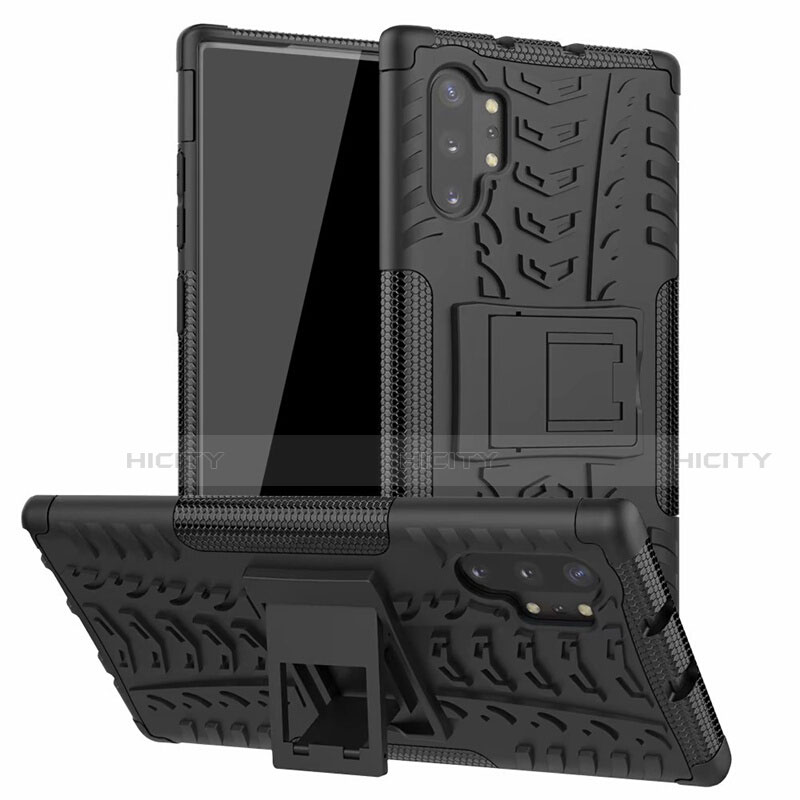 Silikon Hülle Handyhülle und Kunststoff Schutzhülle Tasche mit Ständer R01 für Samsung Galaxy Note 10 Plus Schwarz