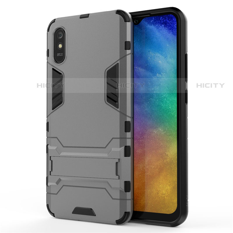 Silikon Hülle Handyhülle und Kunststoff Schutzhülle Tasche mit Ständer R01 für Xiaomi Redmi 9A Grau Plus