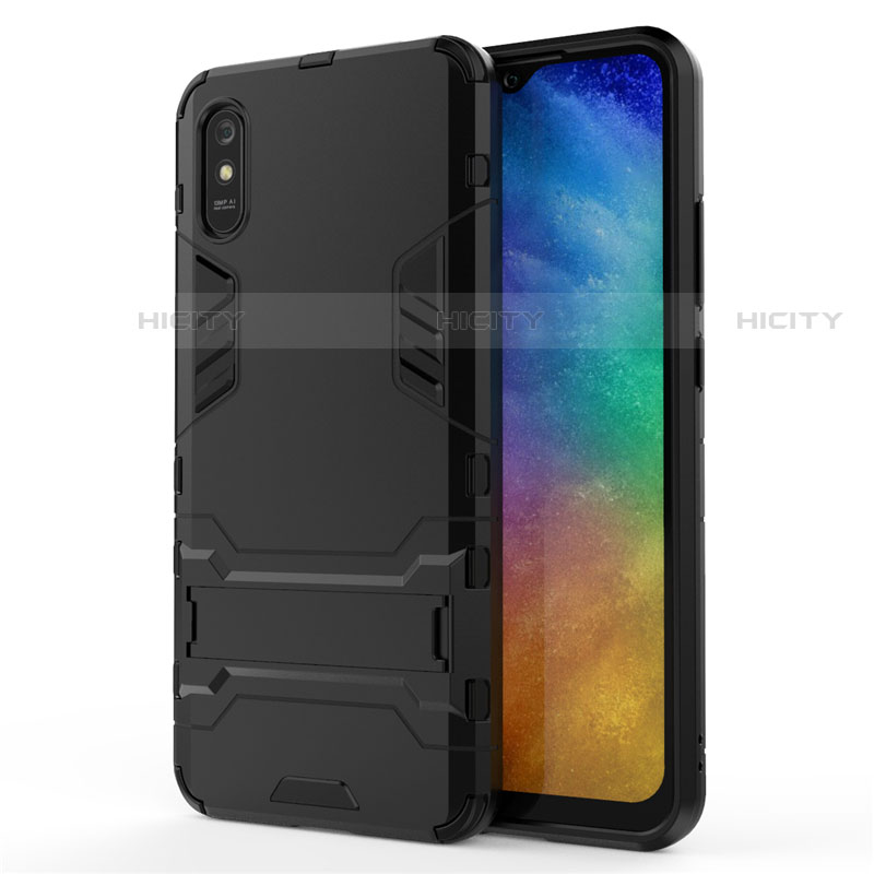 Silikon Hülle Handyhülle und Kunststoff Schutzhülle Tasche mit Ständer R01 für Xiaomi Redmi 9A Schwarz