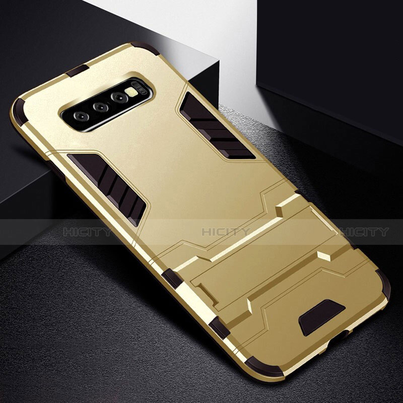 Silikon Hülle Handyhülle und Kunststoff Schutzhülle Tasche mit Ständer R02 für Samsung Galaxy S10 5G Gold