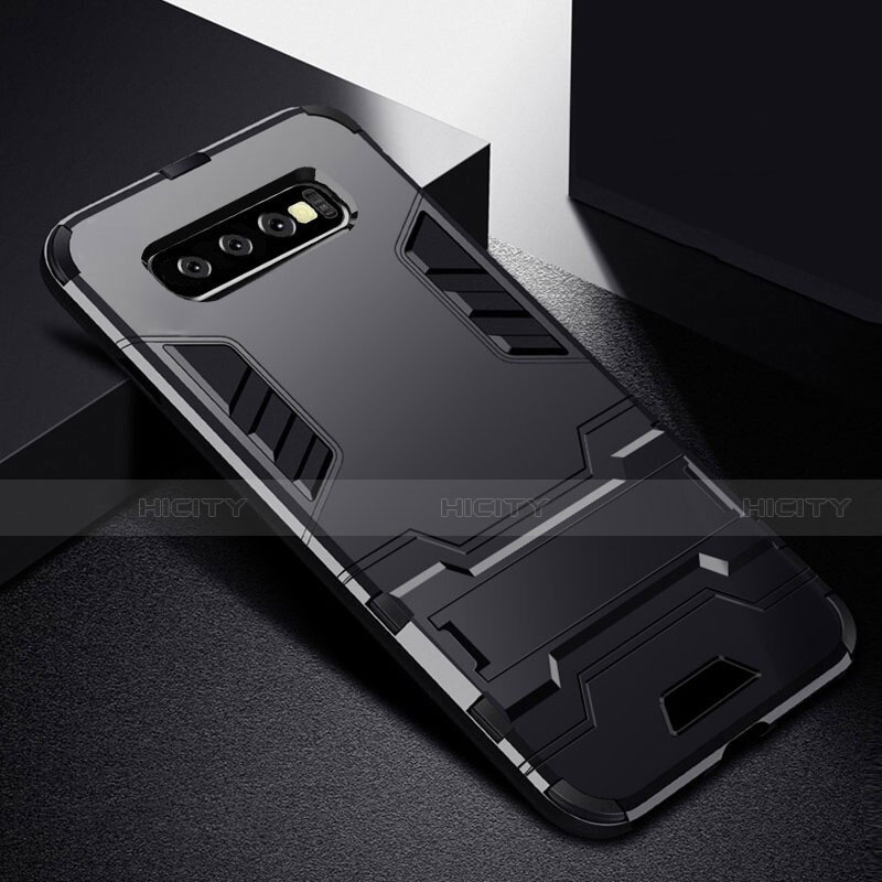 Silikon Hülle Handyhülle und Kunststoff Schutzhülle Tasche mit Ständer R02 für Samsung Galaxy S10 5G Schwarz