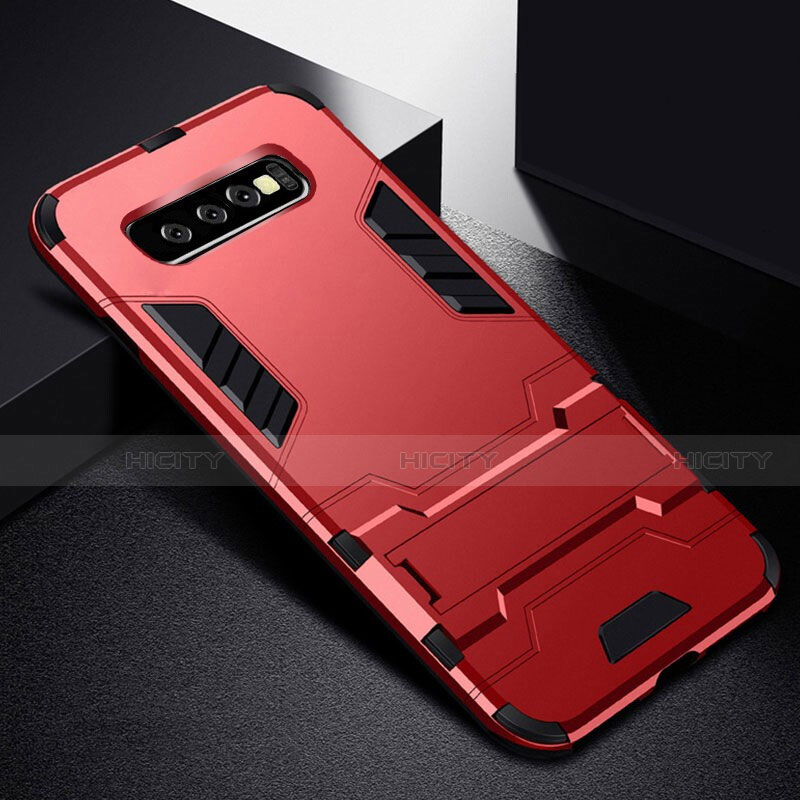 Silikon Hülle Handyhülle und Kunststoff Schutzhülle Tasche mit Ständer R02 für Samsung Galaxy S10 Rot