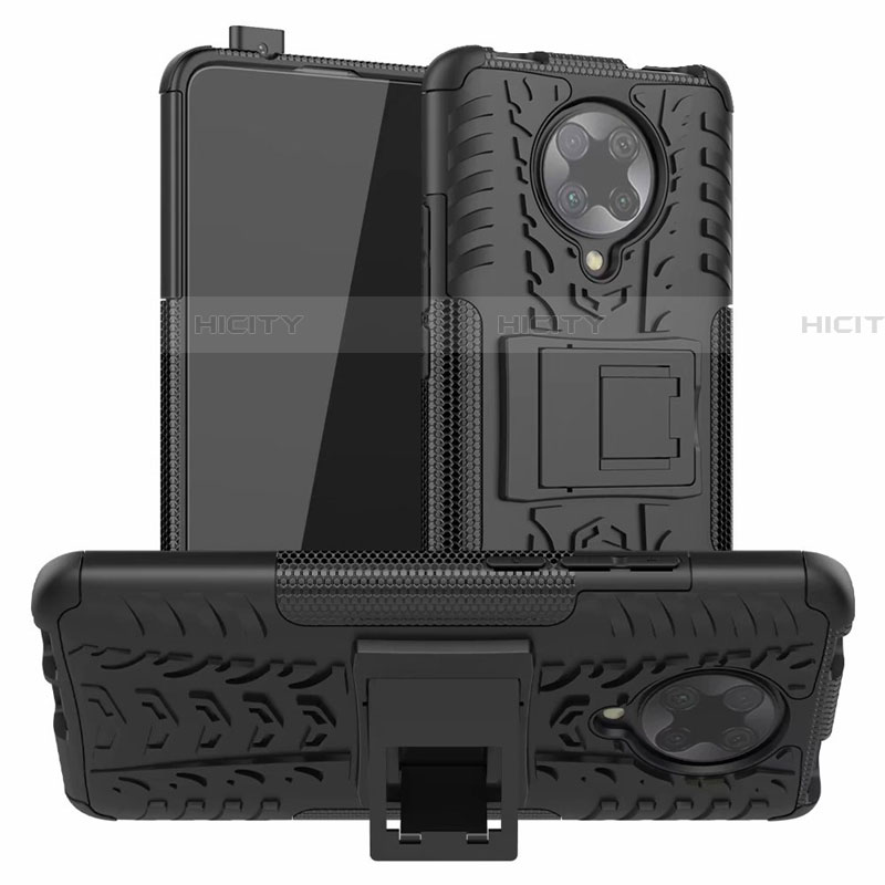 Silikon Hülle Handyhülle und Kunststoff Schutzhülle Tasche mit Ständer R02 für Xiaomi Poco F2 Pro Schwarz