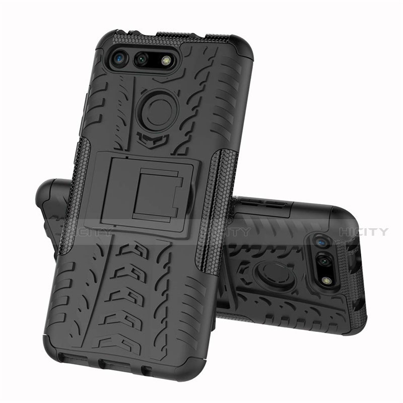 Silikon Hülle Handyhülle und Kunststoff Schutzhülle Tasche mit Ständer R03 für Huawei Honor V20 Schwarz