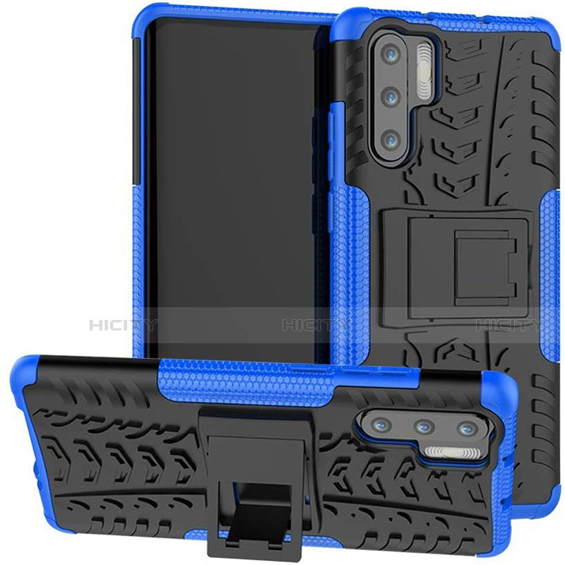 Silikon Hülle Handyhülle und Kunststoff Schutzhülle Tasche mit Ständer R03 für Huawei P30 Pro New Edition Blau