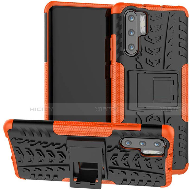 Silikon Hülle Handyhülle und Kunststoff Schutzhülle Tasche mit Ständer R03 für Huawei P30 Pro New Edition Orange