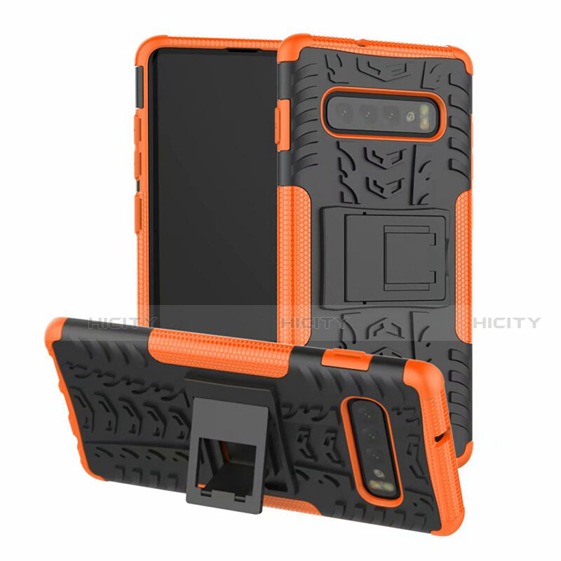 Silikon Hülle Handyhülle und Kunststoff Schutzhülle Tasche mit Ständer R03 für Samsung Galaxy S10 Orange