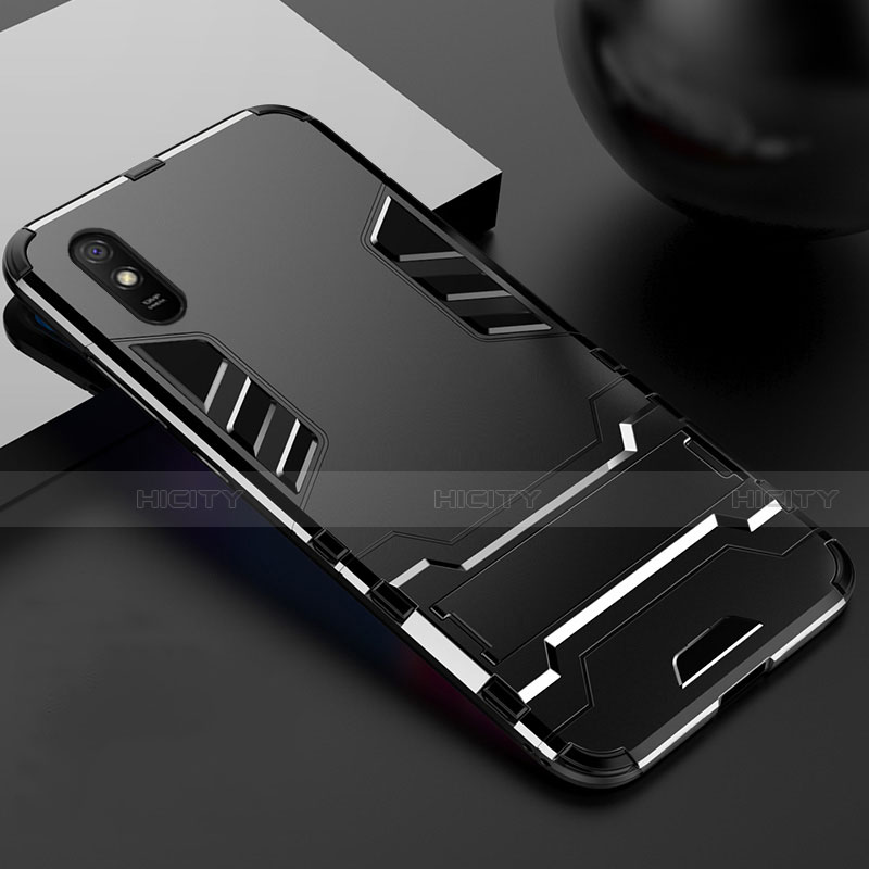 Silikon Hülle Handyhülle und Kunststoff Schutzhülle Tasche mit Ständer R03 für Xiaomi Redmi 9i Schwarz Plus