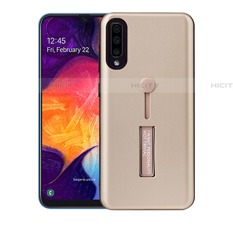 Silikon Hülle Handyhülle und Kunststoff Schutzhülle Tasche mit Ständer R04 für Samsung Galaxy A70 Gold