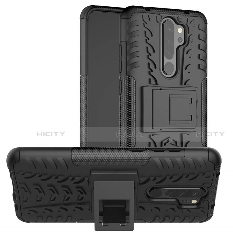 Silikon Hülle Handyhülle und Kunststoff Schutzhülle Tasche mit Ständer R06 für Xiaomi Redmi Note 8 Schwarz Plus